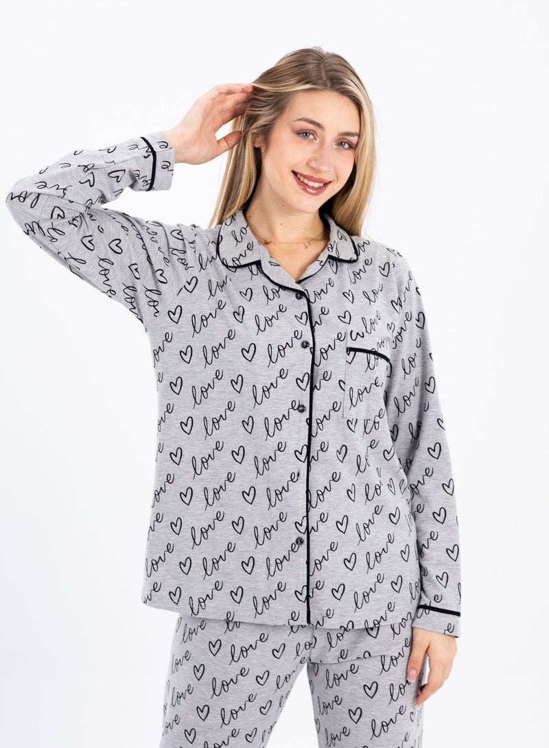 zecotex  Women's Classic 2-Piece Pajama Set - Soft Cotton Sleepwear with "Love" Print & Contrast Piping - Image 3